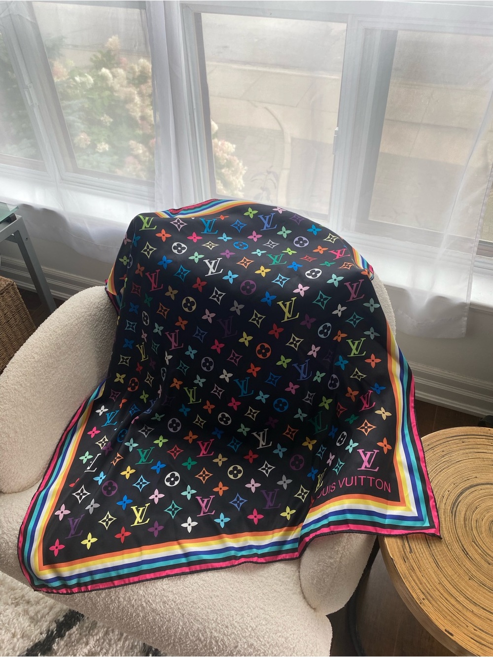100% SILK Black Multicolor Monogram Scarf new 🆕 never worn